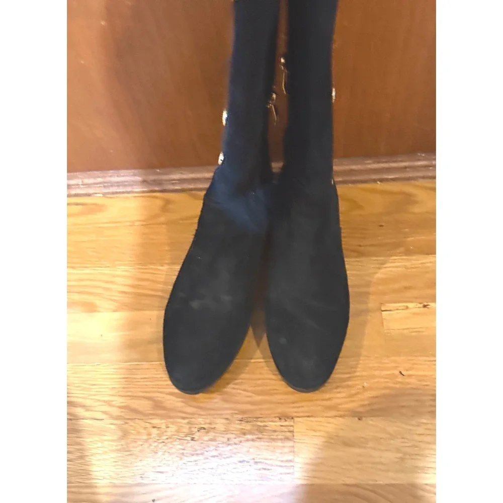 Vince Camuto Vacilla Black Suede Tall‎ Boots Gold Button Detail 7.5M 37.5